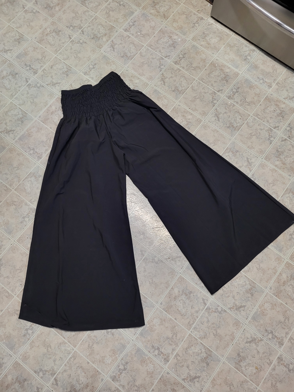Black Wide-Leg Pants with Smocked Waist, Extremely Wide Legs, Fits Small To Lg.
